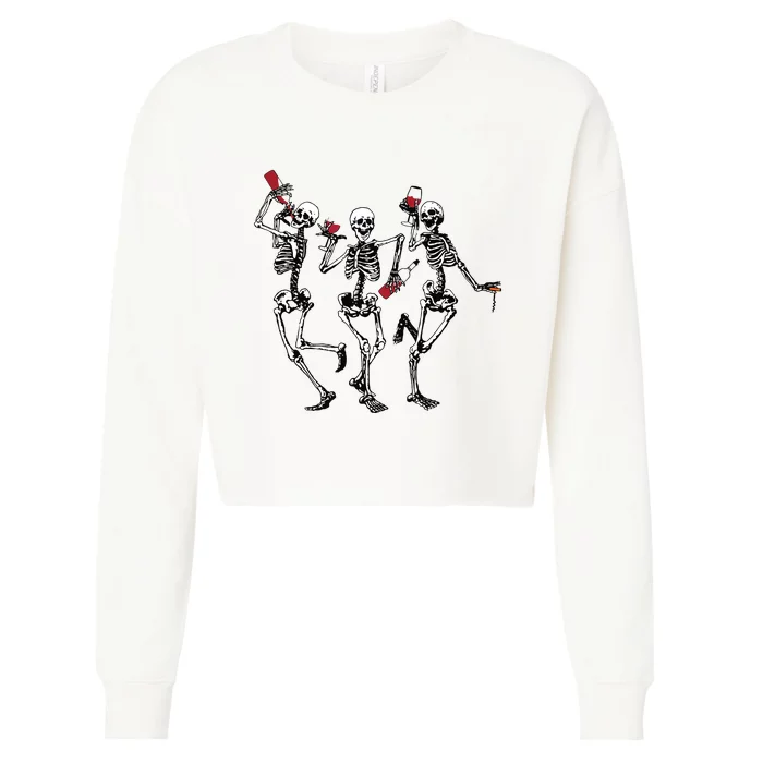 Dancing Skeletons Drinking Wine Lover Funny Halloween Scary Cropped Pullover Crew