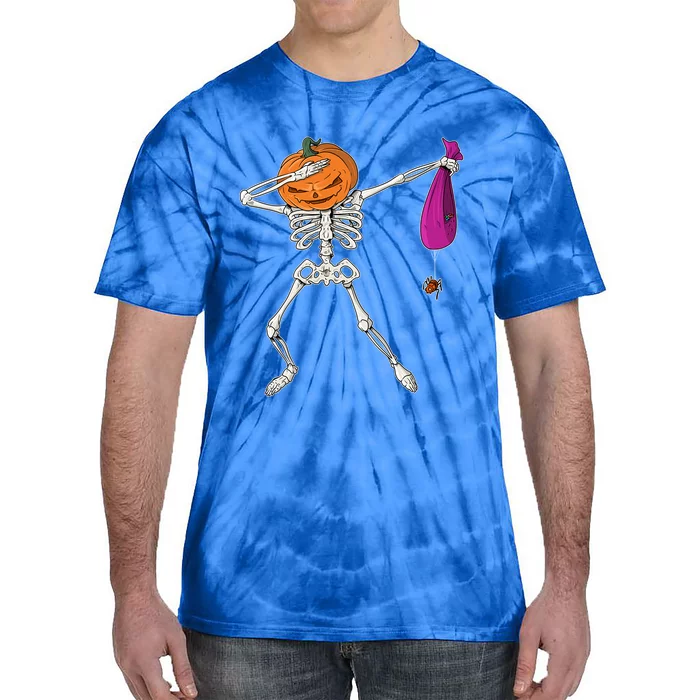 Dabbing Skeleton Funny Halloween Pumpkin Costume Autumn Gift Tie-Dye T-Shirt