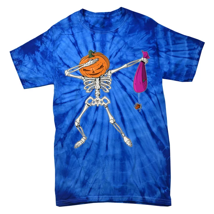 Dabbing Skeleton Funny Halloween Pumpkin Costume Autumn Gift Tie-Dye T-Shirt