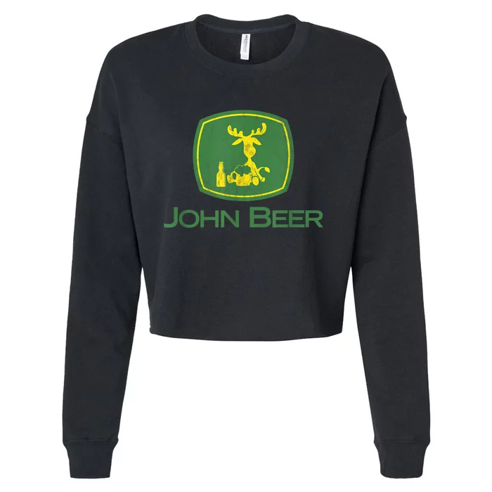 Distressed S Funny Tractor John Beer Deer Farmer Cropped Pullover Crew