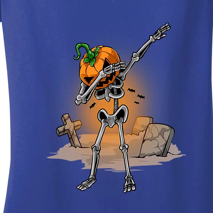 Dabbing Skeleton Funny Gift Pumpkin Dance Pumpkin Dab Halloween Cute Gift Women's V-Neck T-Shirt