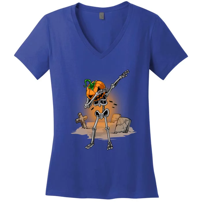 Dabbing Skeleton Funny Gift Pumpkin Dance Pumpkin Dab Halloween Cute Gift Women's V-Neck T-Shirt