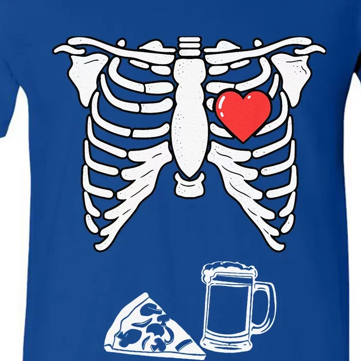 Dad Skeleton Halloween Beer Pizza Funny Pregnancy Couple V-Neck T-Shirt