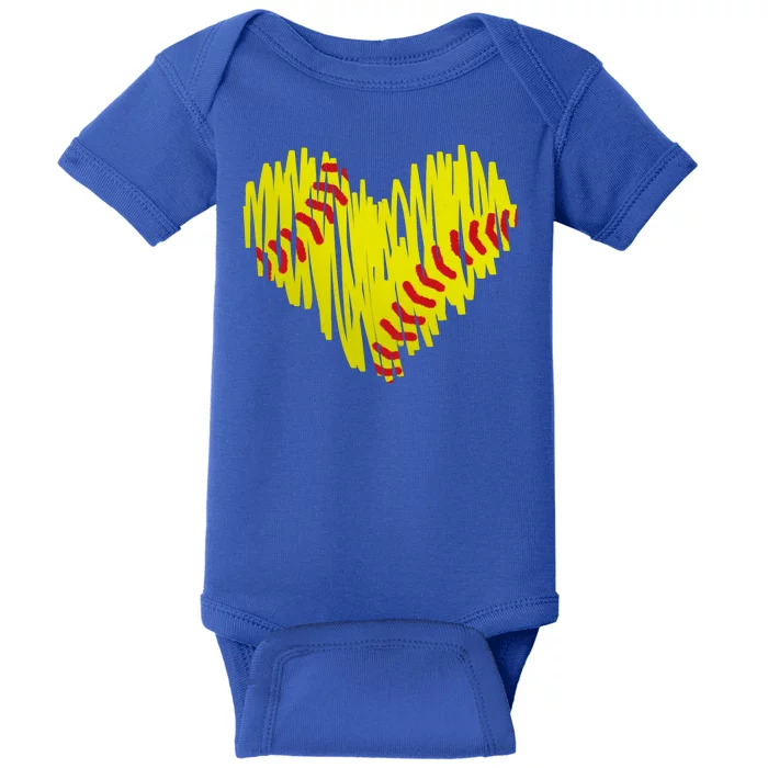 Distressed Softball Heart Baby Bodysuit