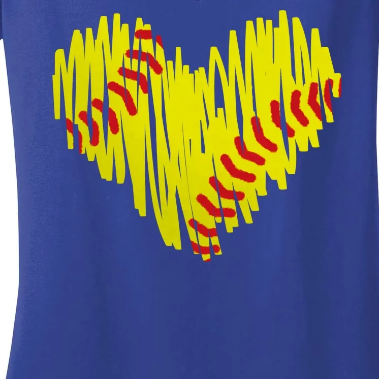 Distressed Softball Heart Women's V-Neck T-Shirt