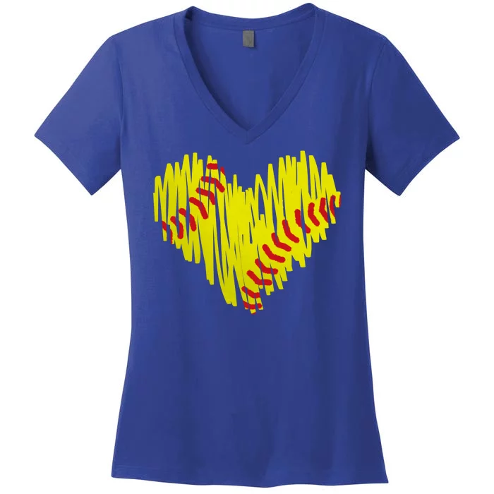 Distressed Softball Heart Women's V-Neck T-Shirt