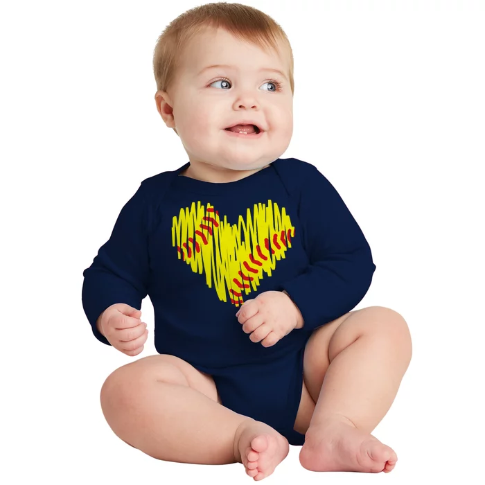 Distressed Softball Heart Baby Long Sleeve Bodysuit