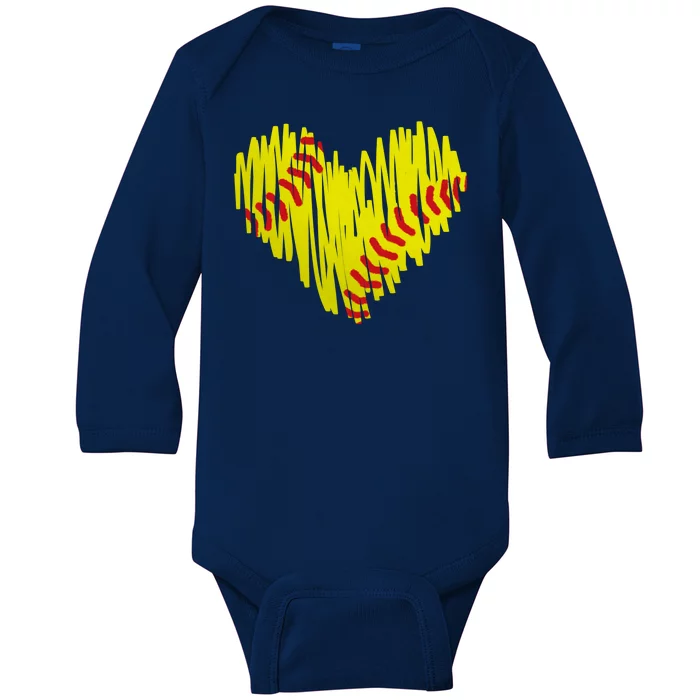 Distressed Softball Heart Baby Long Sleeve Bodysuit