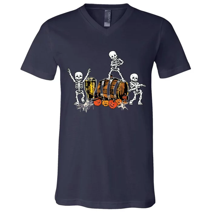 Dancing Skeletons Halloween Party Funny Beer Drinking V-Neck T-Shirt