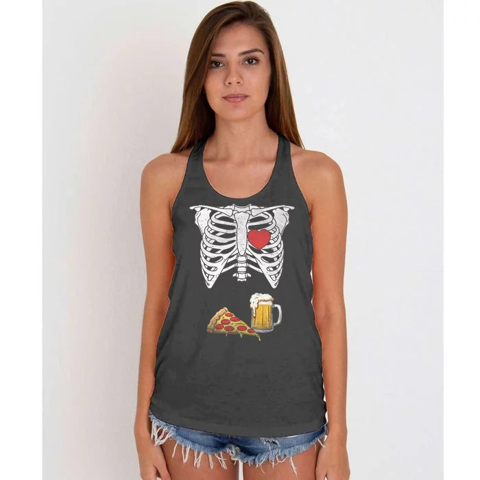 Dad Skeleton Halloween Beer Pizza Funny Pregnancy Couple Women's Knotted Racerback Tank