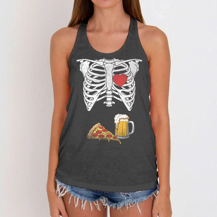 Dad Skeleton Halloween Beer Pizza Funny Pregnancy Couple Women's Knotted Racerback Tank