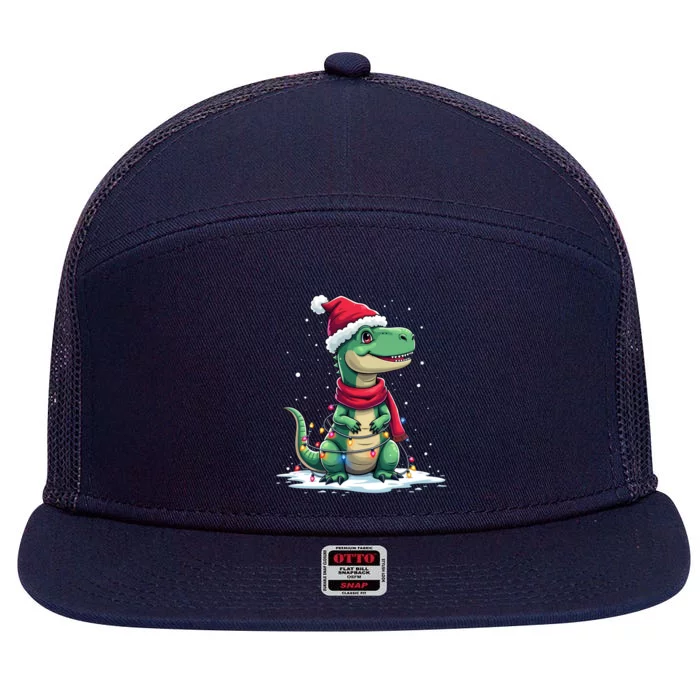 Dinosaur Santa Hat Christmas Tree Lights T Rex Xmas Gift 7 Panel Mesh Trucker Snapback Hat