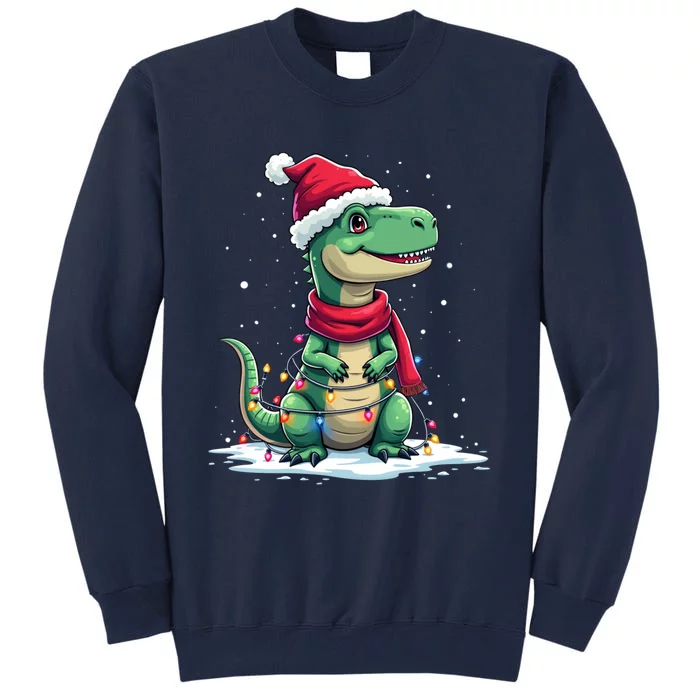 Dinosaur Santa Hat Christmas Tree Lights T Rex Xmas Gift Tall Sweatshirt