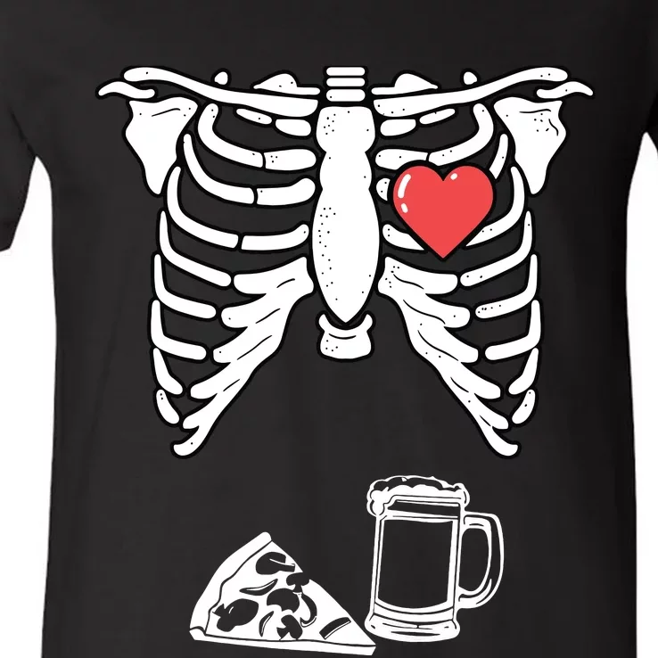 Dad Skeleton Halloween Beer Pizza Funny Pregnancy Couple V-Neck T-Shirt