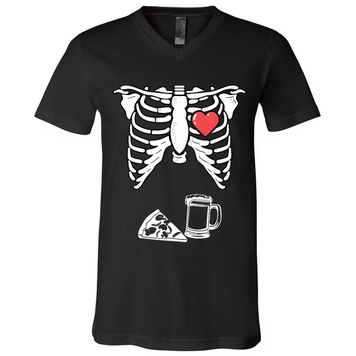 Dad Skeleton Halloween Beer Pizza Funny Pregnancy Couple V-Neck T-Shirt