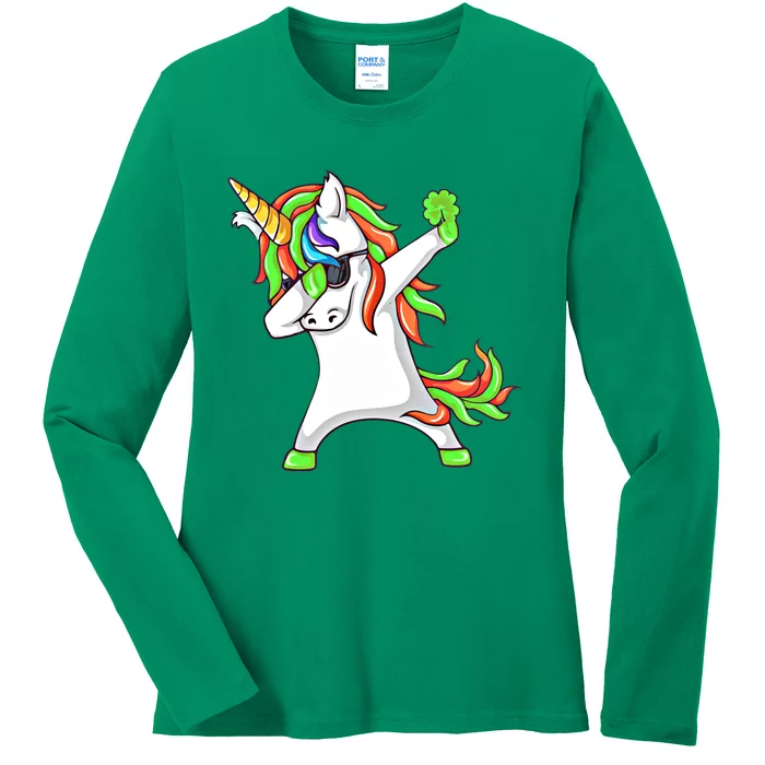 Dabbing Shamrock Irish Unicorn Funny Luck Cool Gift Ladies Long Sleeve Shirt