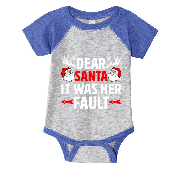 Dear Santa It Was Her Fault Funny Christmas Couples Present Meaningful Gift Infant Baby Jersey Bodysuit