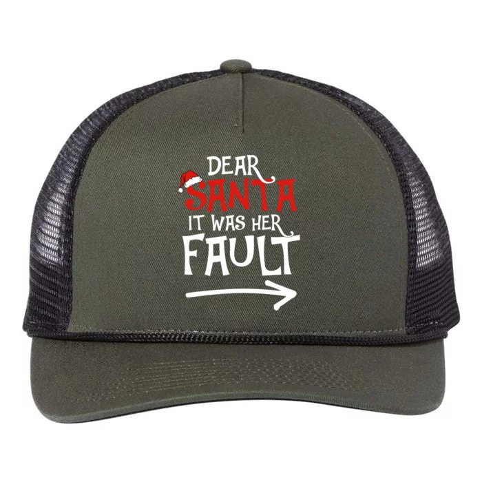 Dear Santa It Was Her Fault Funny Couples Matching Christmas Gift Retro Rope Trucker Hat Cap