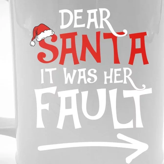 Dear Santa It Was Her Fault Funny Couples Matching Christmas Gift Front & Back Beer Stein