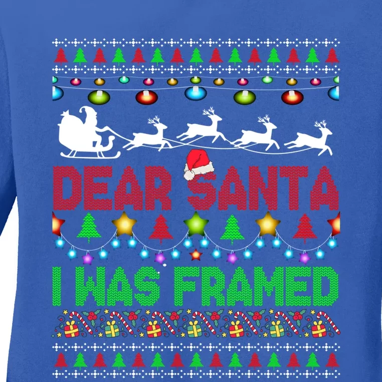 Dear Santa I Was Framed Christmas Sweater Xmas Lights Santa Great Gift Ladies Long Sleeve Shirt