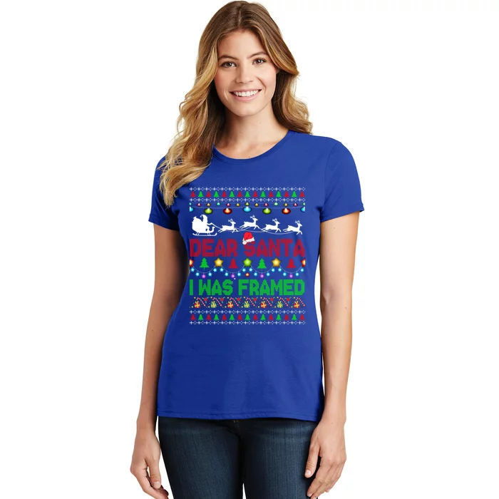 Dear Santa I Was Framed Christmas Sweater Xmas Lights Santa Great Gift Women's T-Shirt