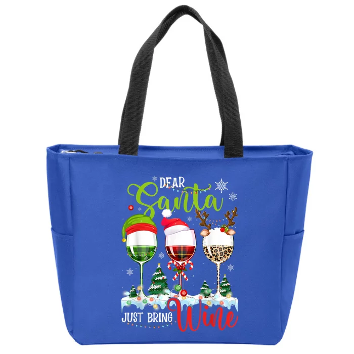 Dear Santa Just Bring Wine Reindeer Dasher Dancer Prancer Gift Zip Tote Bag