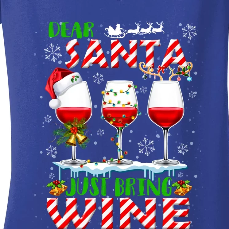 Dear Santa Just Bring Wine Christmas Lights Santa Reindeer Gift Women's V-Neck T-Shirt