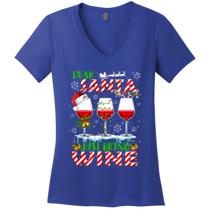 Dear Santa Just Bring Wine Christmas Lights Santa Reindeer Gift Women's V-Neck T-Shirt