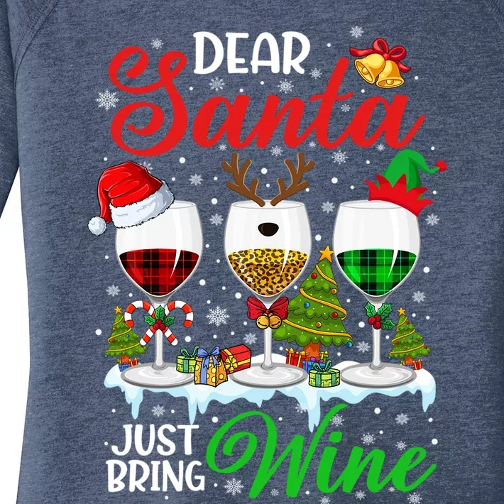 Dear Santa Just Bring Wine Funny Christmas Wine Glasses Gift Women's Perfect Tri Tunic Long Sleeve Shirt