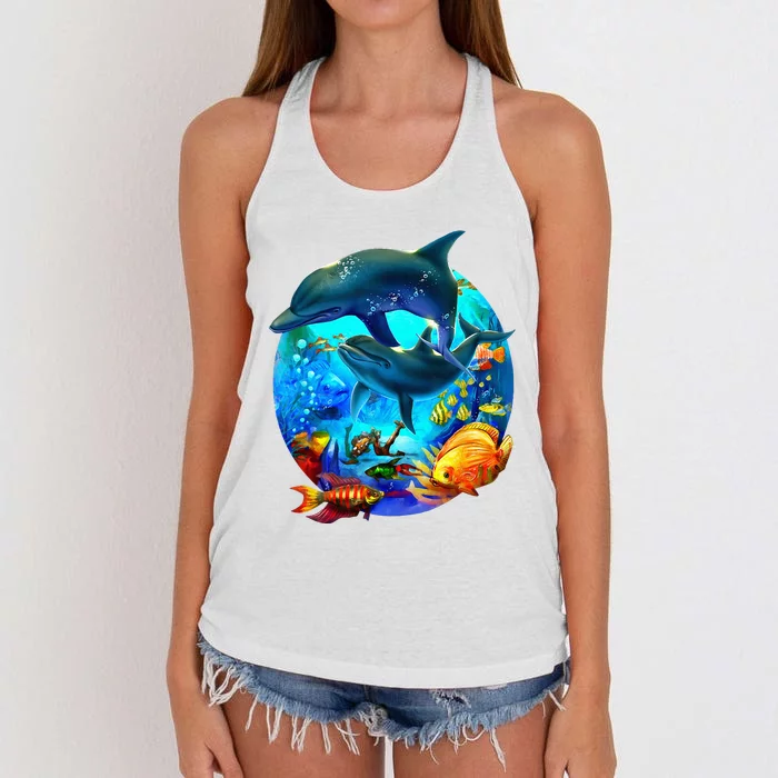 Dolphin Sea Life Save The Ocean Marine Biology Aquarium Women's Knotted Racerback Tank