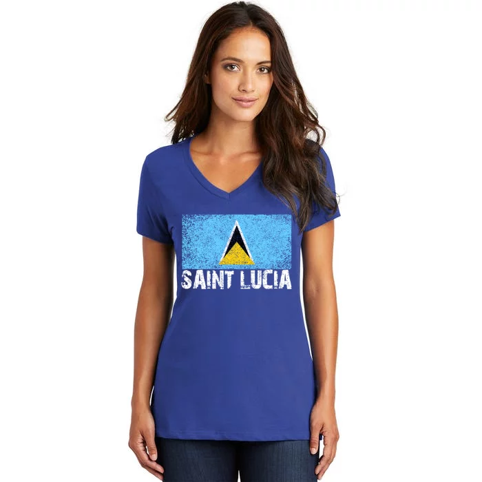 Distressed Saint Lucia Flag Gift Or Women's V-Neck T-Shirt