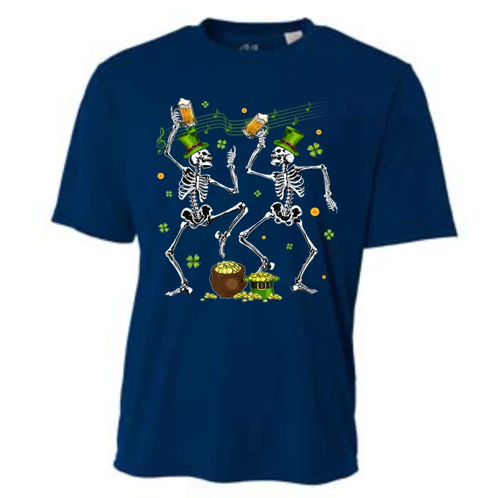 Dancing Skeletons Leprechaun Drinking Beer St Patrick's Day Cooling Performance Crew T-Shirt