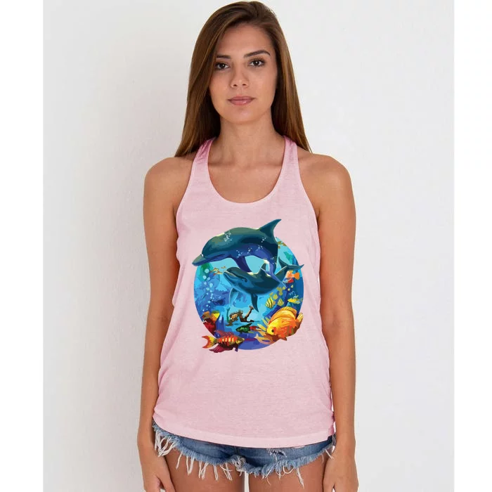 Dolphin Sea Life Save The Ocean Marine Biology Aquarium Women's Knotted Racerback Tank