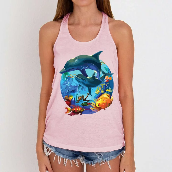 Dolphin Sea Life Save The Ocean Marine Biology Aquarium Women's Knotted Racerback Tank