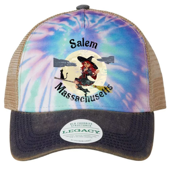 Distressed Salem Massachusetts Pretty Witch Black Cat Broom Cute Gift Legacy Tie Dye Trucker Hat