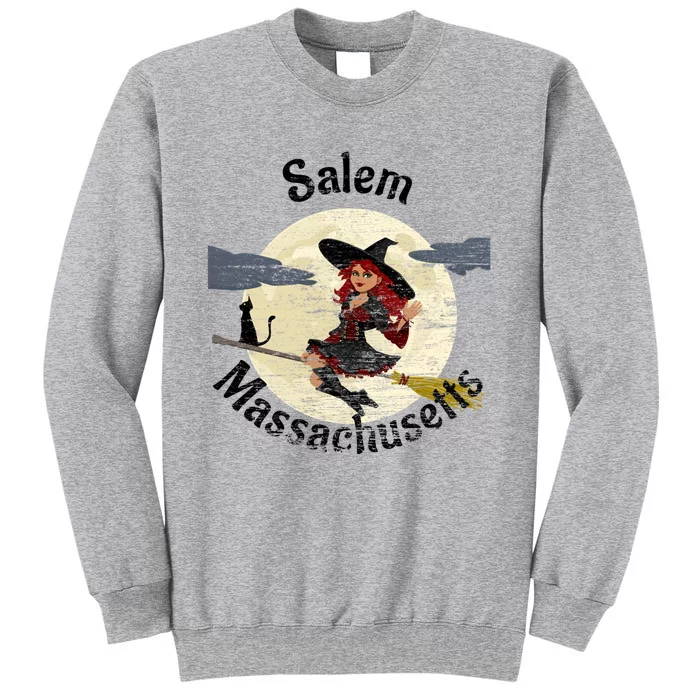 Distressed Salem Massachusetts Pretty Witch Black Cat Broom Cute Gift Sweatshirt