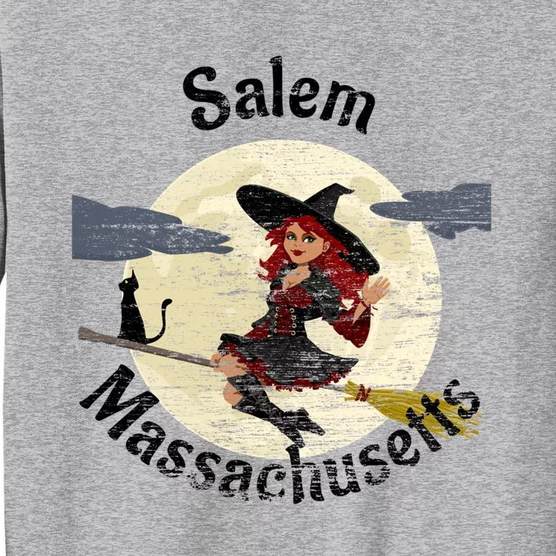 Distressed Salem Massachusetts Pretty Witch Black Cat Broom Cute Gift Tall Sweatshirt