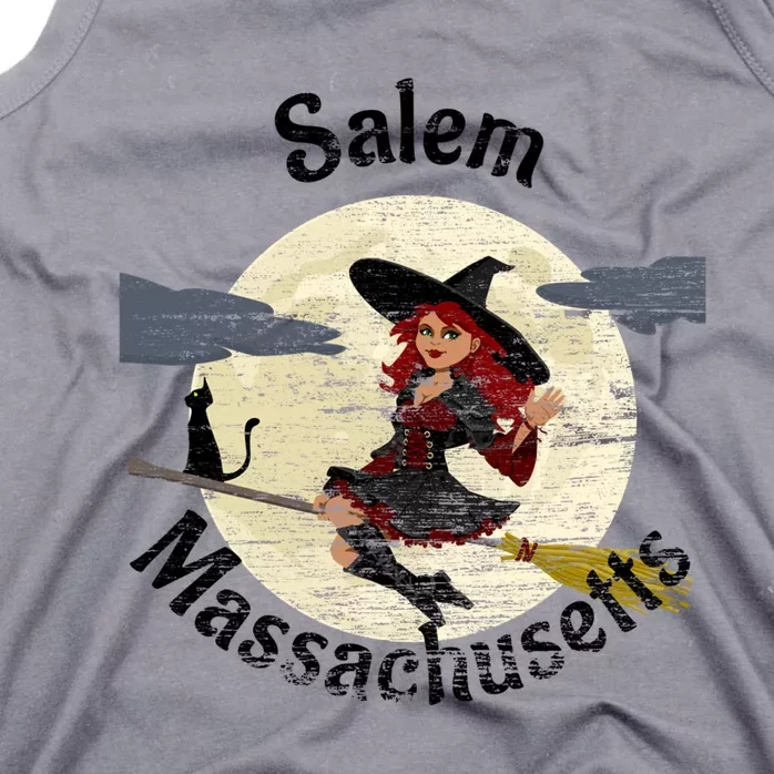 Distressed Salem Massachusetts Pretty Witch Black Cat Broom Cute Gift Tank Top