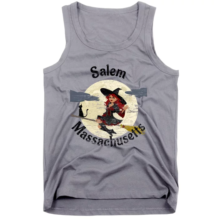 Distressed Salem Massachusetts Pretty Witch Black Cat Broom Cute Gift Tank Top