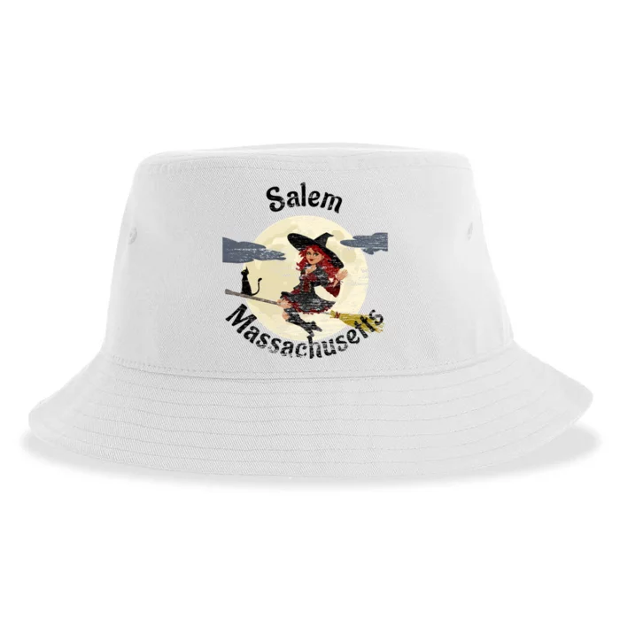 Distressed Salem Massachusetts Pretty Witch Black Cat Broom Cute Gift Sustainable Bucket Hat