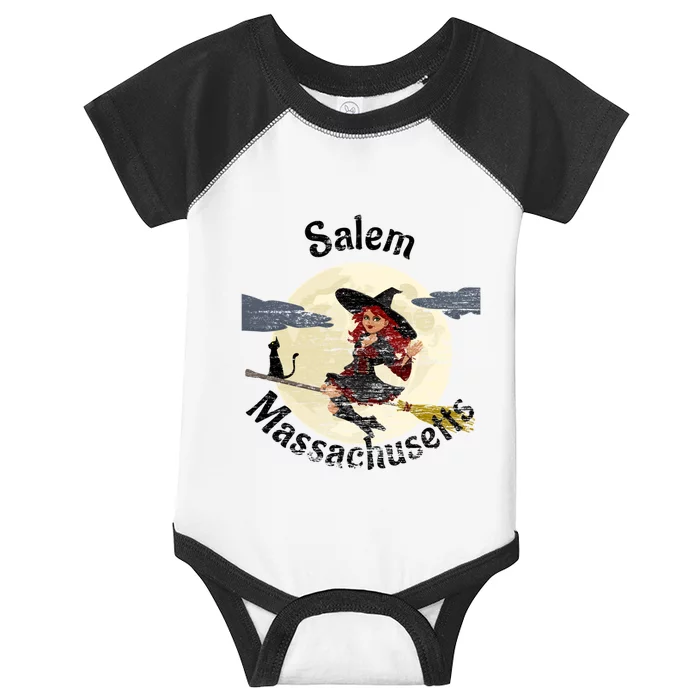 Distressed Salem Massachusetts Pretty Witch Black Cat Broom Cute Gift Infant Baby Jersey Bodysuit