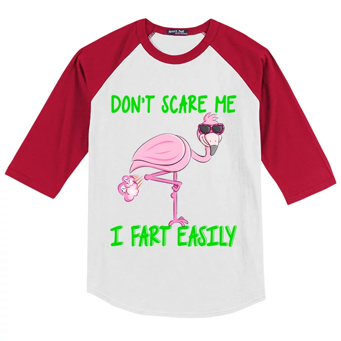 Don't Scare Me I Fart Easily Funny Fart Joke Flamingo Gift Kids Colorblock Raglan Jersey