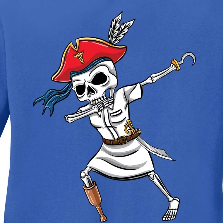 Dabbing Skeleton Nurse Pirate Halloween Gift Ladies Long Sleeve Shirt