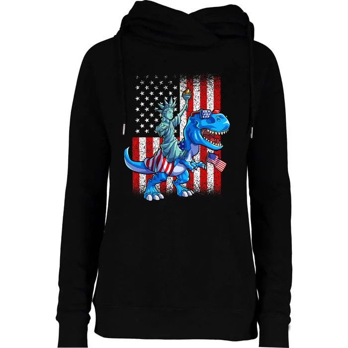 Dino Statue Of Liberty 4th Of July American Flag Womens Funnel Neck Pullover Hood