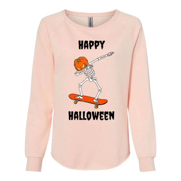 Dabbing Skeleton on a Skateboard with a Pumpkin Head Womens California Wash Sweatshirt