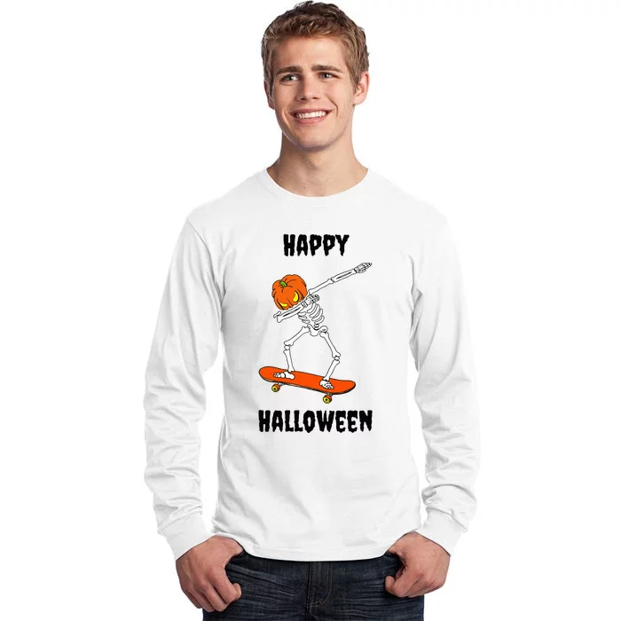 Dabbing Skeleton on a Skateboard with a Pumpkin Head Tall Long Sleeve T-Shirt