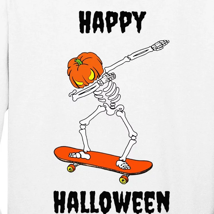 Dabbing Skeleton on a Skateboard with a Pumpkin Head Tall Long Sleeve T-Shirt