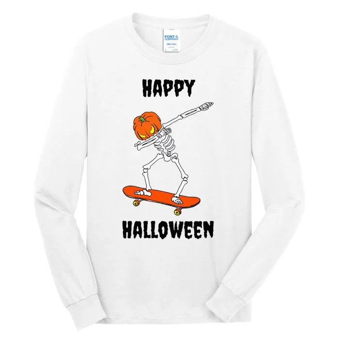 Dabbing Skeleton on a Skateboard with a Pumpkin Head Tall Long Sleeve T-Shirt