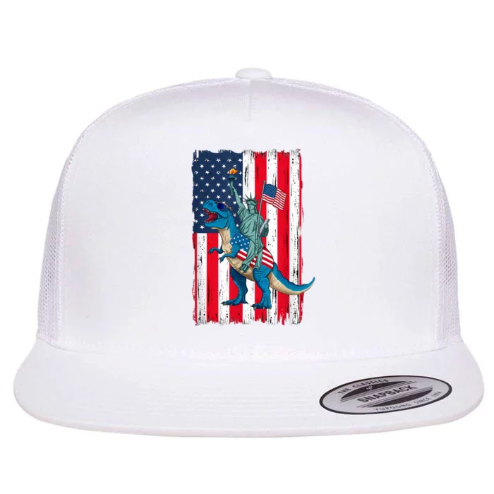 Dino Statue Of Liberty 4th Of July American Flag Flat Bill Trucker Hat