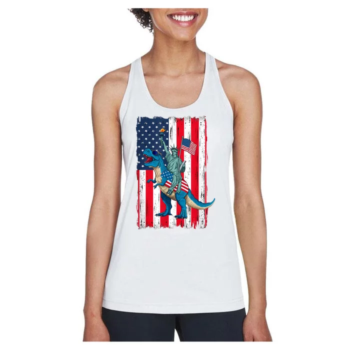 Dino Statue Of Liberty 4th Of July American Flag Women's Racerback Tank